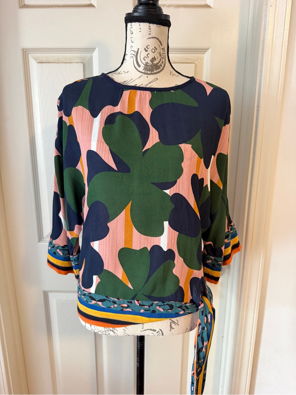 Anthropologie Pink, Navy & Green Floral Tie-Waist Blouse